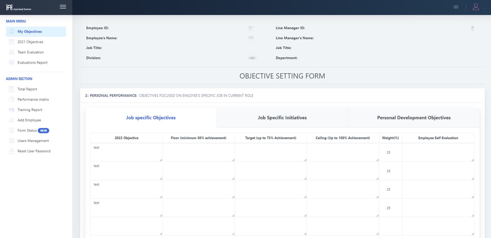 Objective setting form