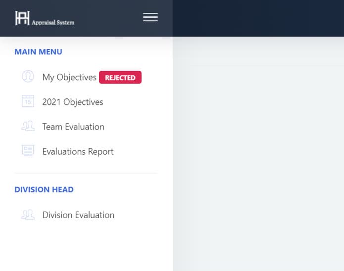 Employee menu — returned objectives are flagged